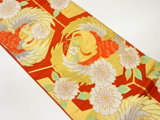 亀甲に鶴・桜模様織出し袋帯